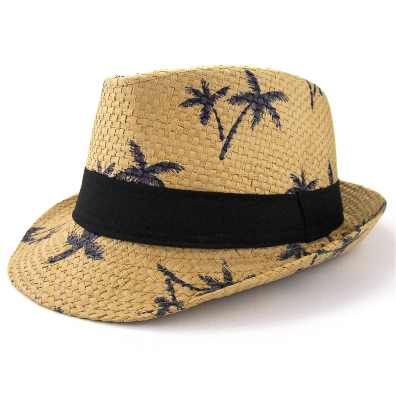Fashion Unisex Coconut Tree Jazz Straw Hat Kids Trilby panama Hats Women Men Casual Beach Bucket Cap Summer Sunscreen Cap CP0263 (1)
