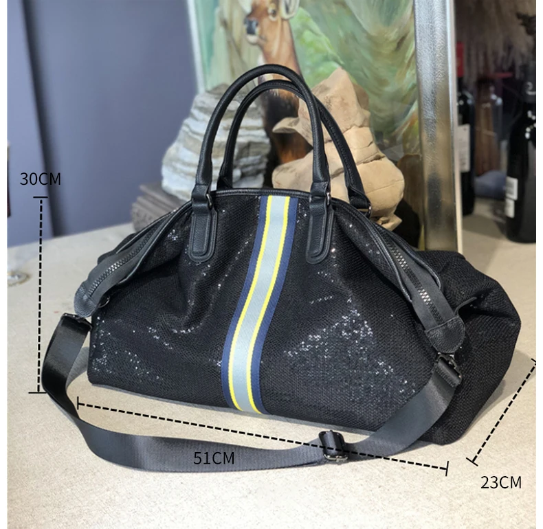 Вместительная багажная сумка в европейском и американском стиле, полосатая сумка для путешествий с блестками, модные женские сетчатые дорожные сумки XA759WB