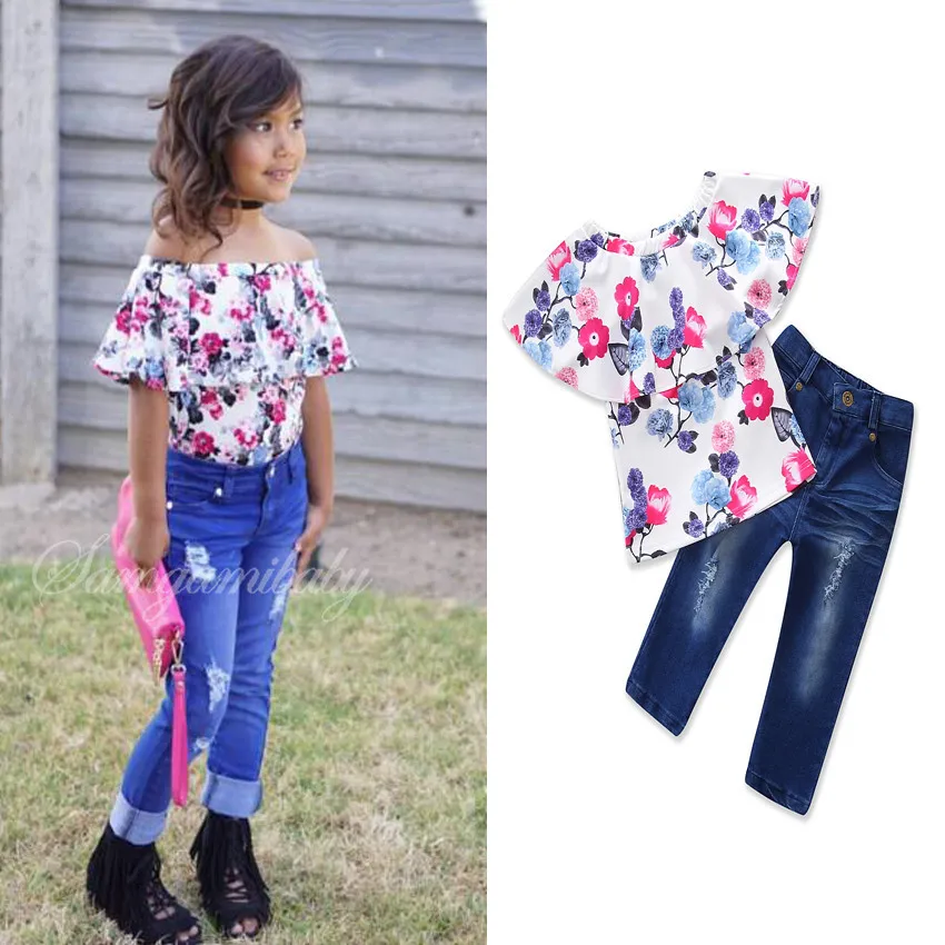 

2019 New printed one-word shoulder lace coat denim trousers two-piece children's suit