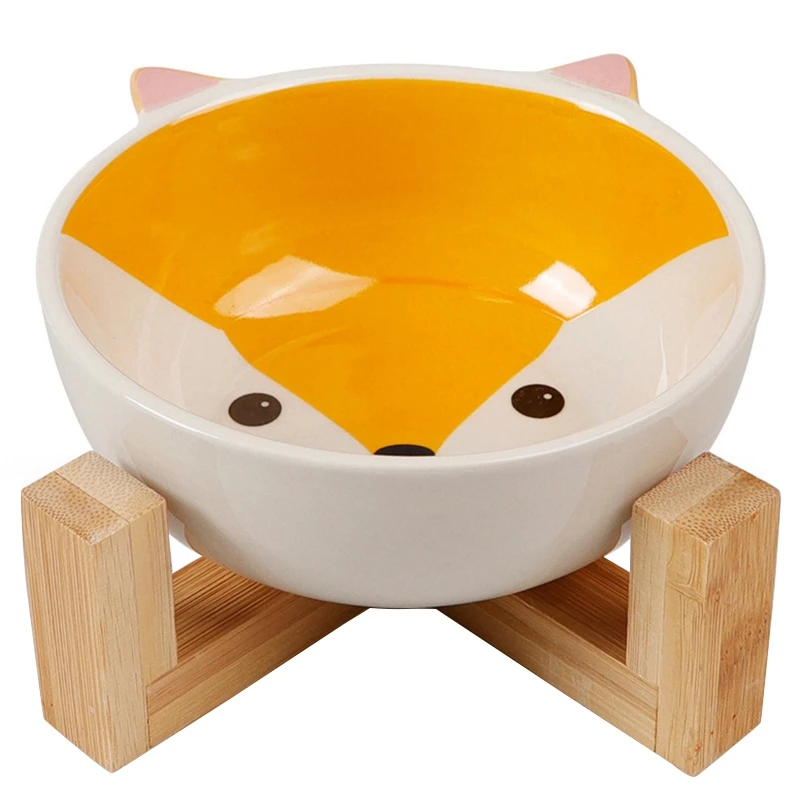 

Elevated Dog And Cat Pet Puppy Feeder Premium Ceramic Cartoon Print Dog Bowl With Bamboo Raised Stand Perfect For Dogs And Cat