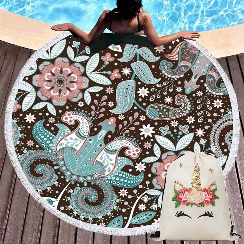 

Geometric Flowers Round Beach Towels Sport Towel Seaside Wall Tapestry With Tassels For Adults Kids With Drawstring Backpack Bag