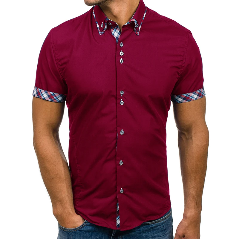Manoswe повседневные Лоскутные клетчатые рубашки мужские летние с коротким рукавом размера плюс белые рубашки топы Модные черные рубашки Camisa - Цвет: wine red
