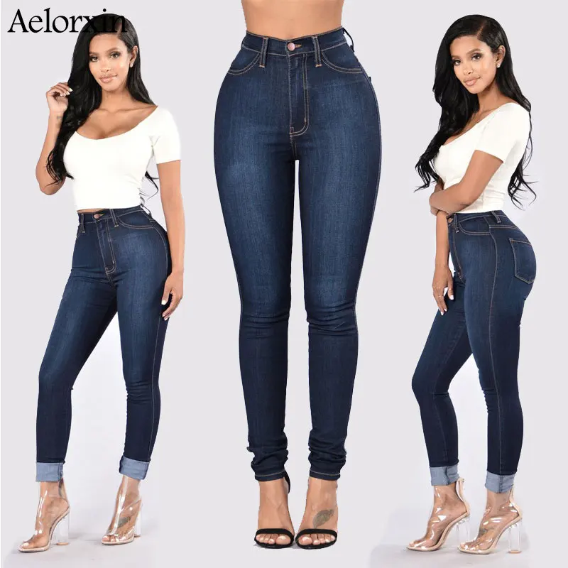 Günstige 2020 dünne Jeans für Frauen Dünne Hohe Taille Jeans Frau Blau Denim Bleistift Hosen Stretch Taille Frauen Jeans Hosen Calca feminina