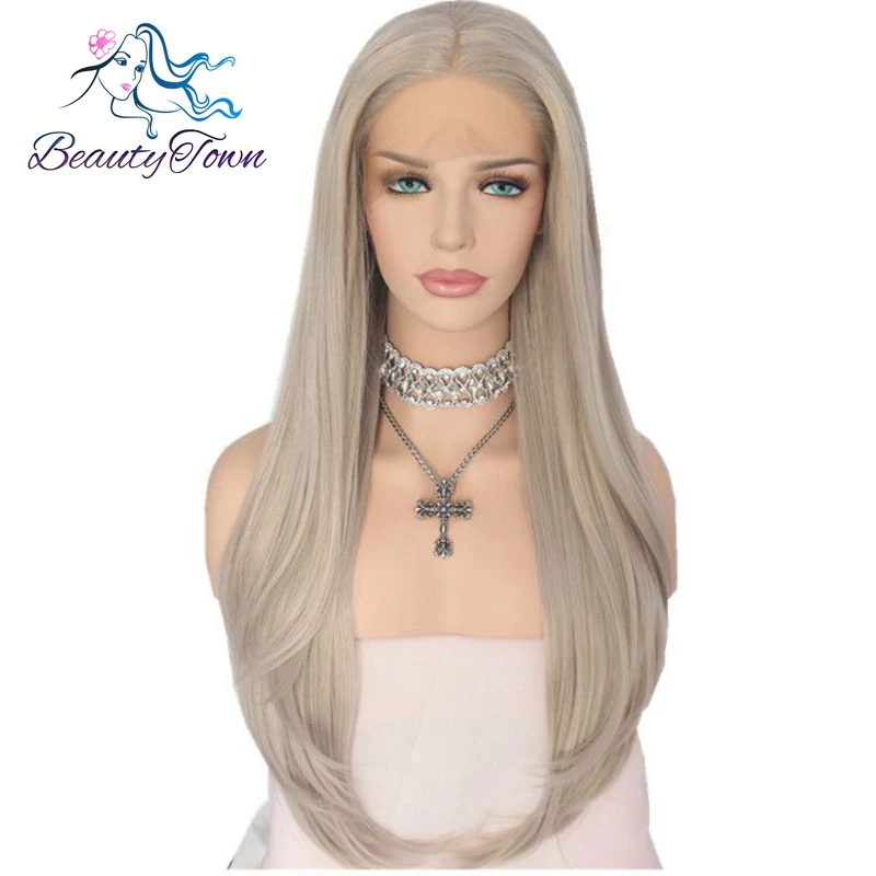 

BeautyTown Platinum Grey Natural Straight Hand Tied Glueless Blogger Daily Makeup Wedding Synthetic Lace Front Party Wigs