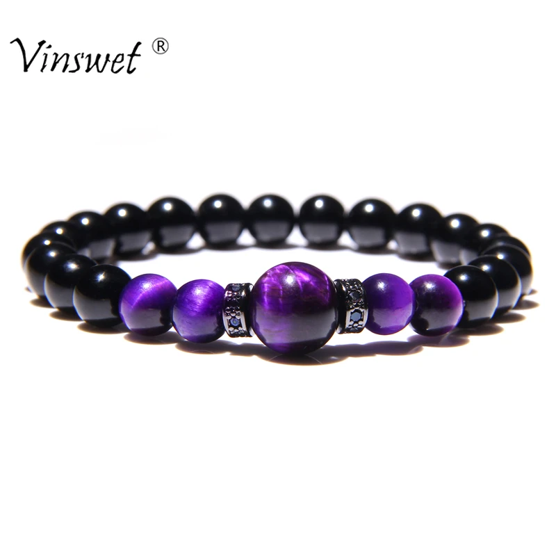 

Natural Stone Purple Tiger Eye Beads Bracelet Black Onyx Stone Bracelets for Men Women Handmade Yoga Jewelry Homme Pulseras
