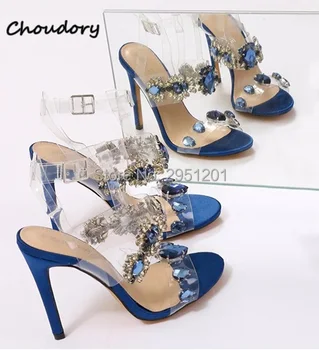 

Fashion Women Crystal Sandals Ankle Strap 10cm High Heels Bling Glitter PVC Transparent Sandals Wedding Shoes for Women