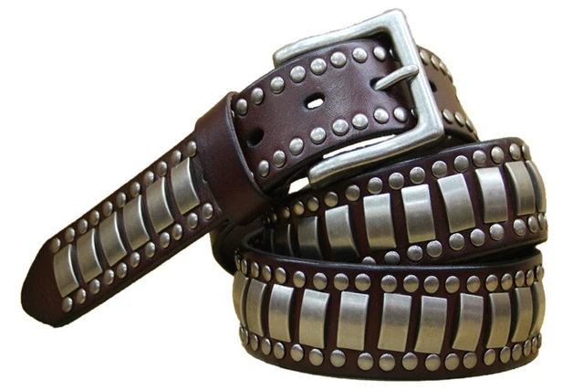 ZAYG Fashion Metal Rivets Belt Women&Men Hot Luxury Designer Punk Leather Belts Unisex Hip Hop Strap Men and Woman Jeans Belt Coffee