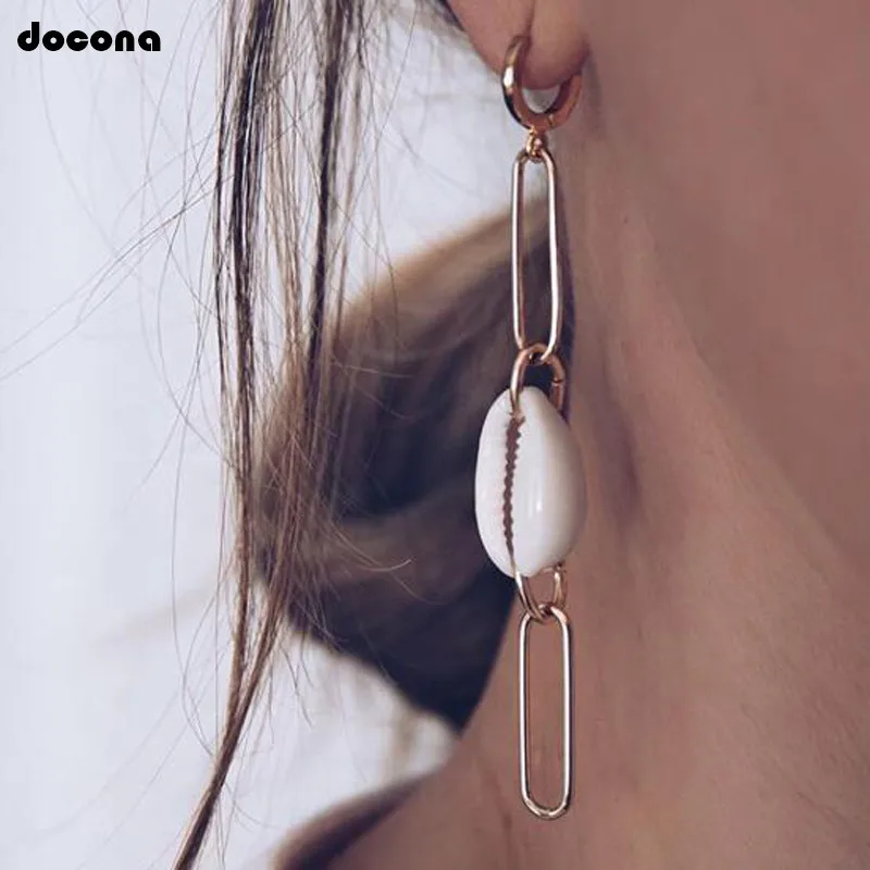 

docona Gold Chains Shell Long Pendant Earring for Women Metal Conch Tassel Drop Dangle Earrings Party Jewelry 8081