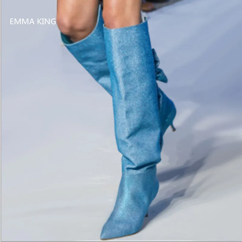 

Fashion Runway Shoes Women Knee High Boots Pointed Toe Low Heel Sexy Ladies Back Butterfly Knot Design Spring Autumn Botas Mujer
