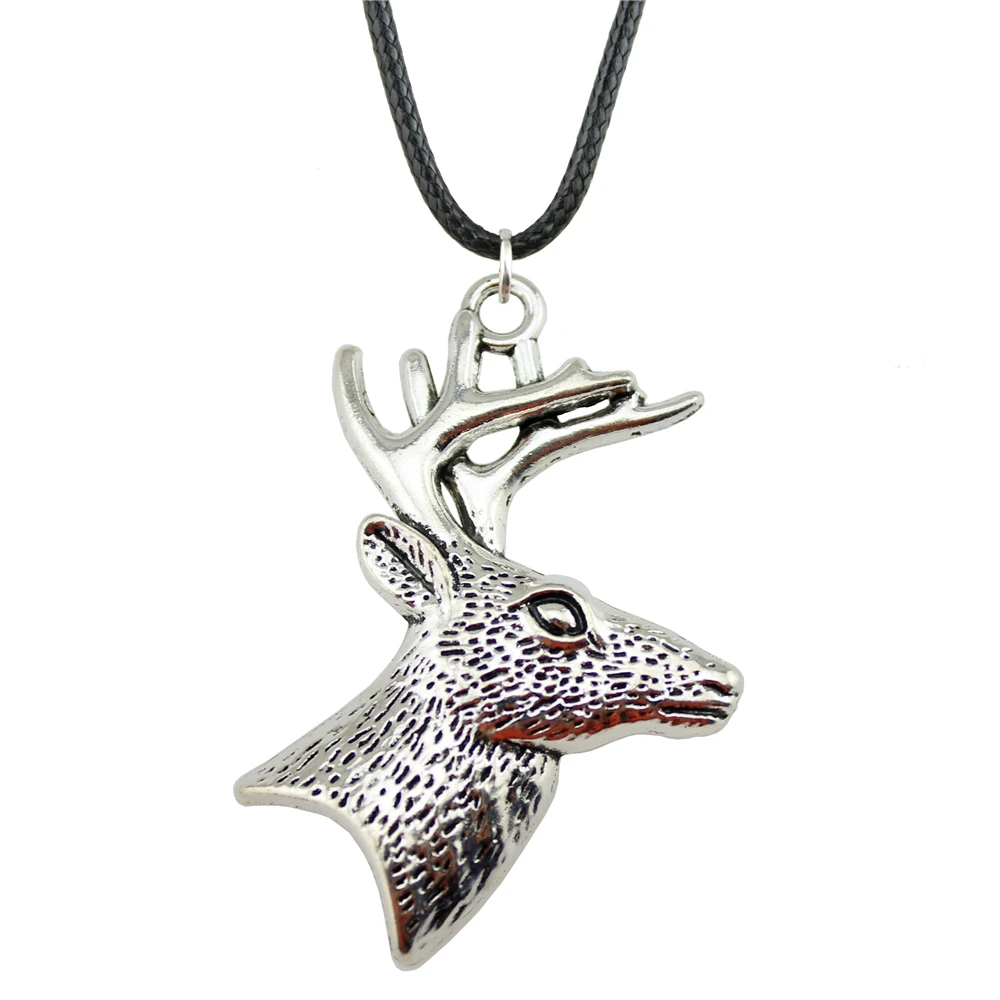 Wholesale Price 60*43mm (2.36*1.69 inches) Deer Head With Antlers Pendant Leather Chain Necklace