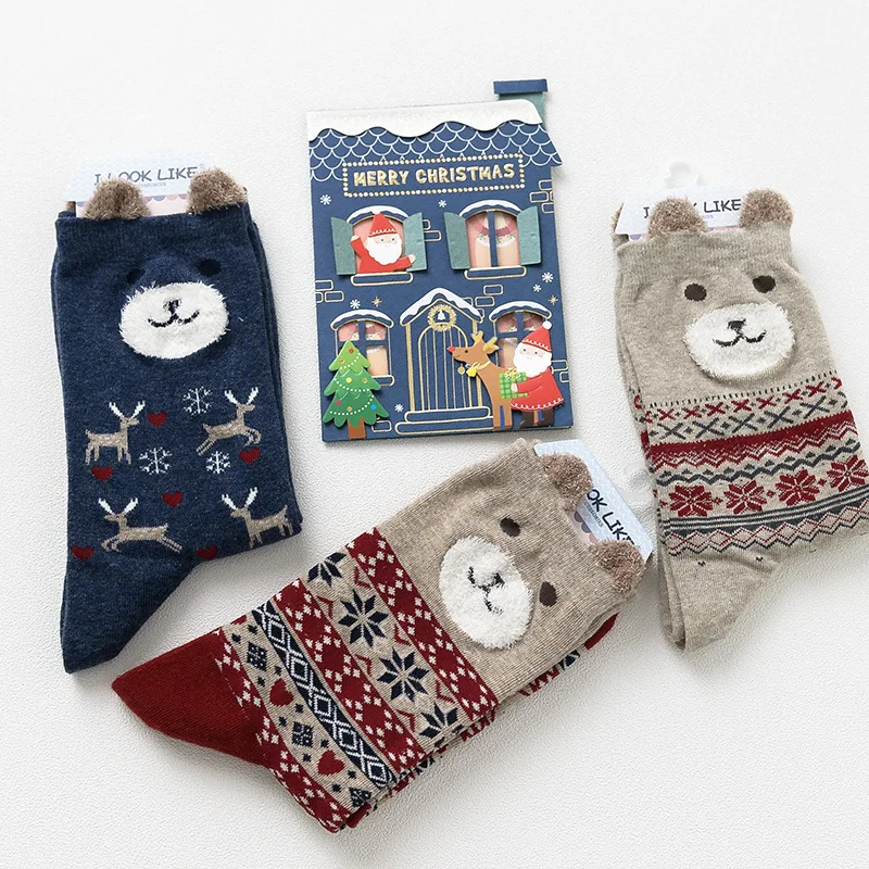 "I Look Like" милые женские Рождественские Носки с рисунком медведя, Длинные Хлопковые женские носки, креативный стиль зима-осень 10666