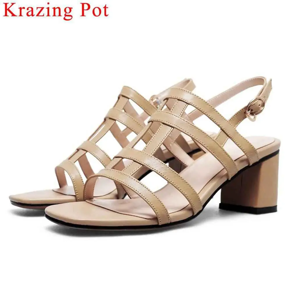 

Krazing Pot cow leather buckle strap peep toe thick high heels gladiator shoes European designer dating party daily shoes L63
