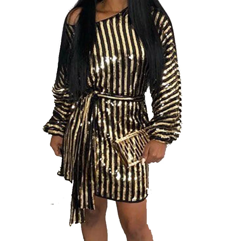 Elegant Sequin Glitter Dress Women Sexy Long Sleeve Black Loose Striped