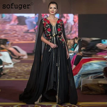 

Black Flower Chiffon Evening Dresses Appliques Vestidos De Fiesta De Noche Robe De Soiree Arabic Muslim Special Occasion Party