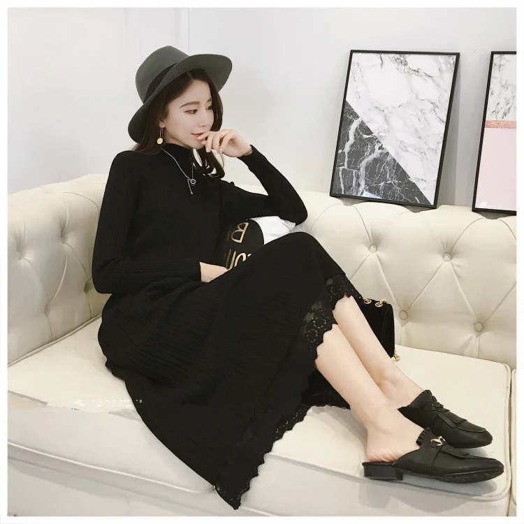 New Knit Midi Dress Women Autumn Long Sleeve Solid Knitting Dresses Female Turtleneck Lace Patchwork Party Dress Casual Clothes