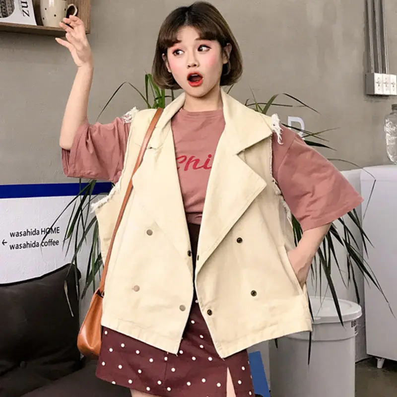 Double-breasted Large Size Women's Vest Jacket Spring and Autumn Korean Casual Loose Sleeveless Denim Coat Lapel Waistcoat f878