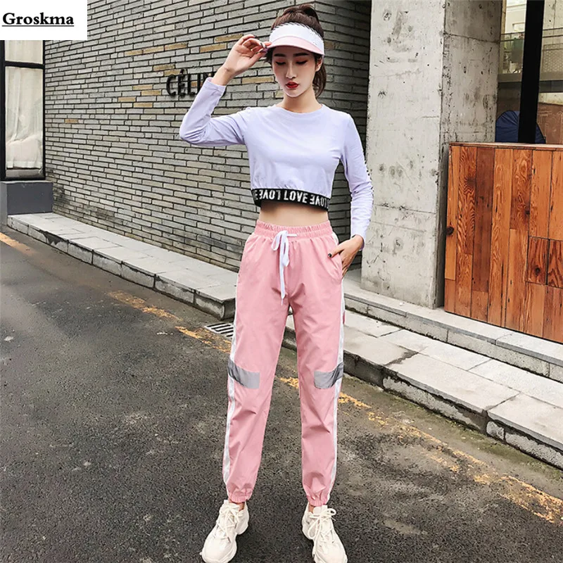 

Night running women reflective pants+crop top long sleeve t shirt exercise sportswear two piece set fitness gym clothing outdoor