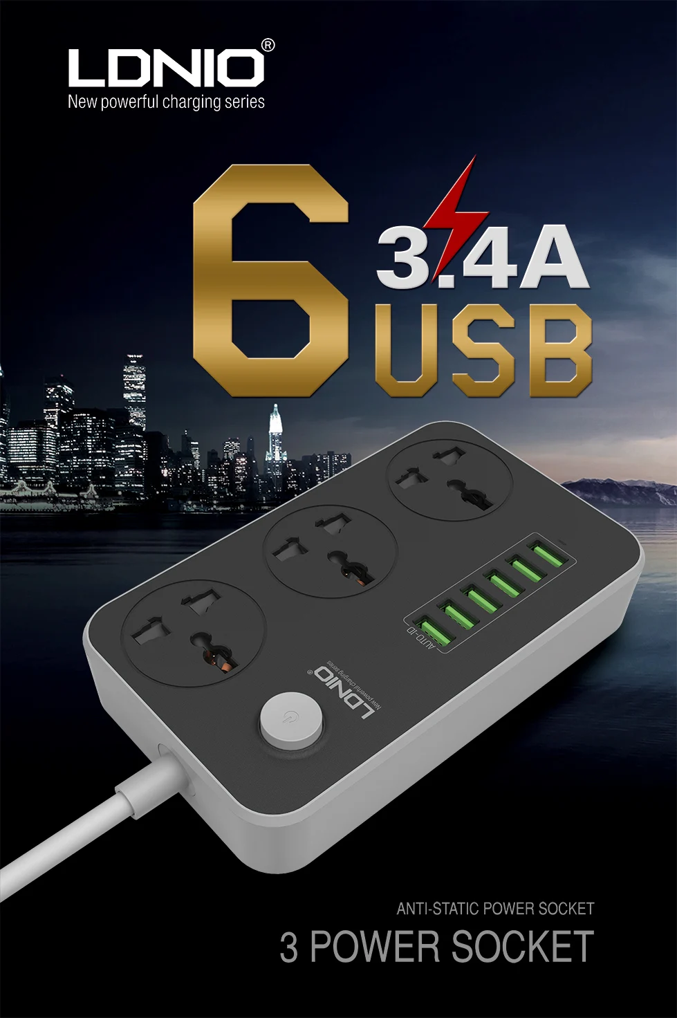LDNIO 6 USB 3 Socket Power Strip SC3604