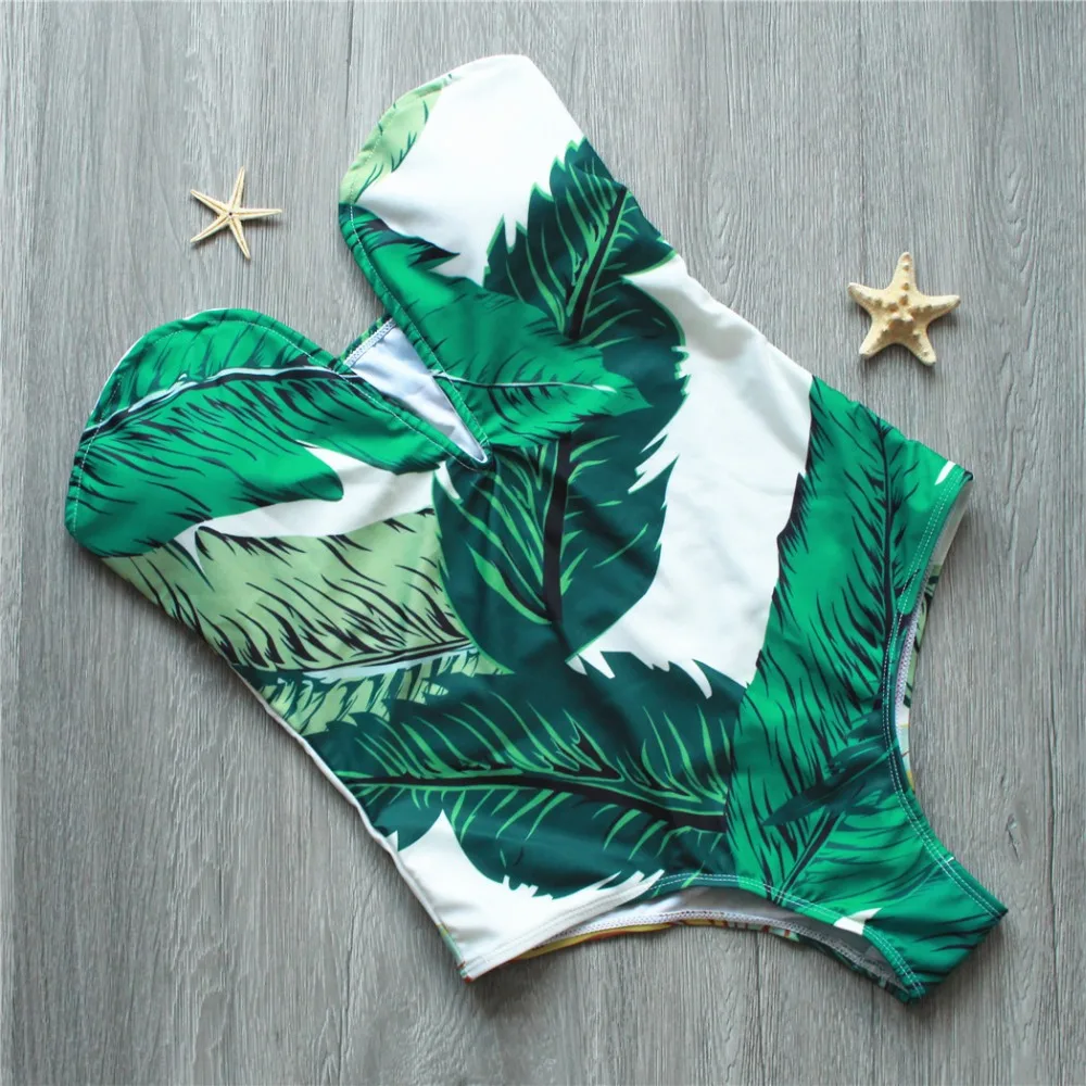 

Women's One Piece Swimsuit D-Cup Deep V Swimwear Halter Push Up High Cut Bathing Suit High Leg Leaf Beachwear Bodysuit Monokini