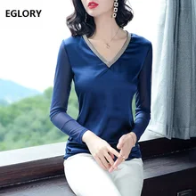 Xxxl Плюс Размер Топы И Футболки Осень Зима Весна длинный рукав Топ женский Бисероплетение v-образный вырез сексуальные прозрачные сетчатые Лоскутные сплошная футболка