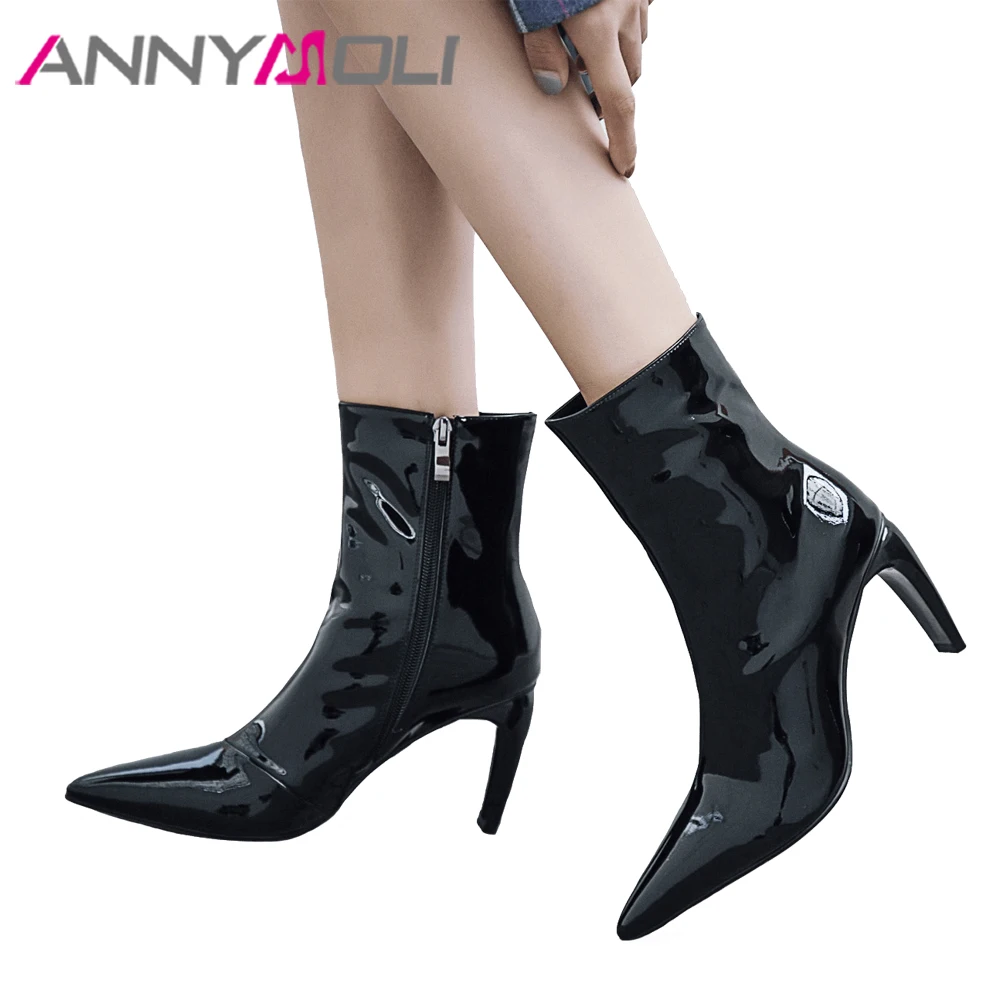 

ANNYMOLI Winter Ankle Boots Women Strange High Heel Boots Natural Leather Pointed Toe Short Boots Zipper Sexy Shoes Ladies White