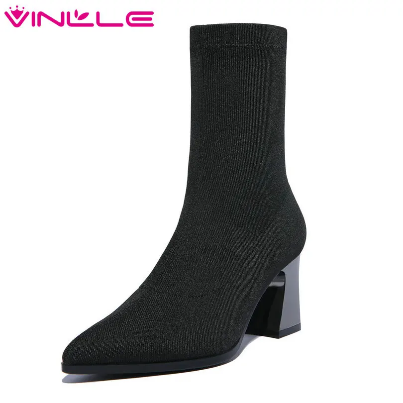 

VINLLE 2019 Women Shoes Ankle Boots Square High Heel Sock Boots Stretch Fabric+PU Slip On Ladies Motorcycle Shoes Size 34-42