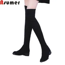 ASUMER/ г. Модные осенне-зимние ботинки женские замшевые ботинки на молнии с круглым носком ботфорты на среднем каблуке черный цвет, размер 34-40