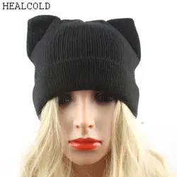 Healcold зима-осень кошачьими ушками Шапка-бини шерсть Skullies Fashion вязаная Шапки для Для женщин
