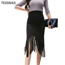 TEXIWAS шикарные пикантные черные сапоги с бахромой юбка тонкий плотный футляр Асимметричный S-3XL Большие размеры юбка Для женщин элегантные офисные Высокая ПР Юбки