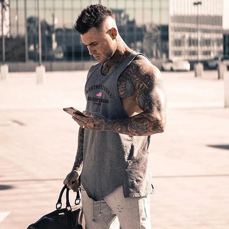 Muscleguys бренд Модные хлопчатобумажные рубашки без рукавов для занятий фитнесом на бретелях мужская майка для бодибилдинга мужские из джерсовой ткани детский комбинезон, тренировочная одежда, форма для гимнастики