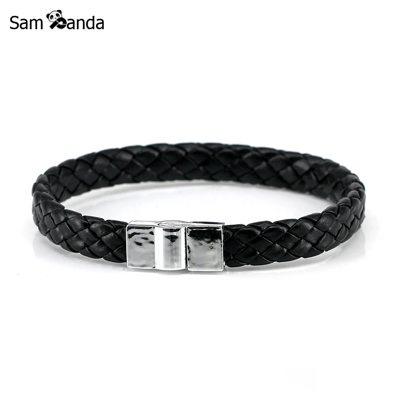 

New Fashion Jewelry Black Braided Leather Bracelet Men Stainless Steel Bracelets Bangles De Couro Pulseiras Masculinos YK2057
