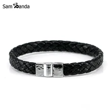 New Fashion Jewelry Black Braided Leather Bracelet Men Stainless Steel Bracelets Bangles De Couro Pulseiras Masculinos