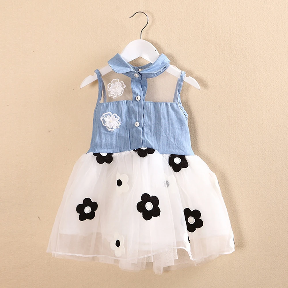 

2018 baby cowboy sleeveless princess dress gauze mini party princess dress flower Elegant Denim Shirt Tulle Tutu Dresse