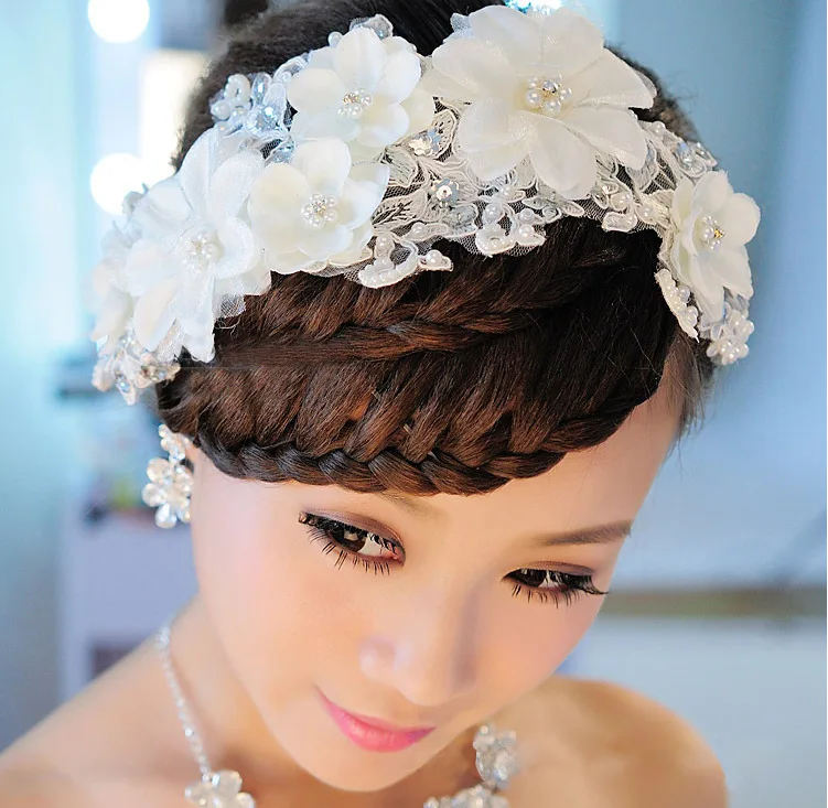 Encanto do casamento Hairwear Mulheres Rendas Artesanais Flores Brancas Casado Cocar de Noiva Imitação de Pérolas Acessórios de Cabeça para As Mulheres (6)