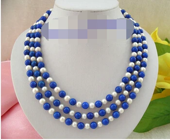

stunning 3rows 8mm round white freshwater pearls blue lapis lazuli necklace g492 Lovely Women's Wedding Jewelry Pretty!