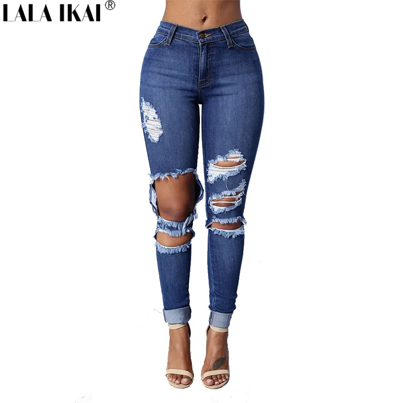 LALA IKAI Plus Size 2XL 3XL Jeans For Women Blue Ripped Hole Denim ...