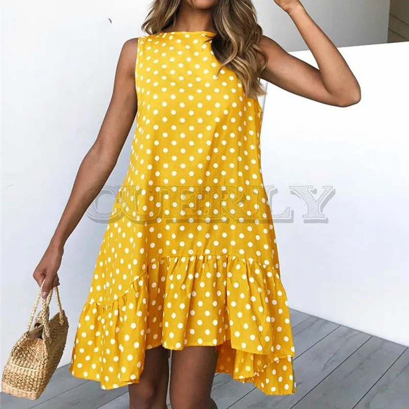Image CUERLY Polka Dots Dress for Women Summer Cold Shoulder Ruffle Irregular Round Neck Plus Size Casual Mini Boho Beach Dress 2019