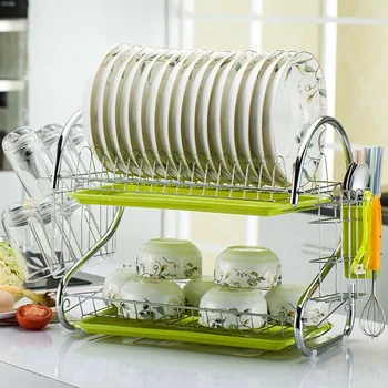 

Dish Cup Drying Rack Set 2-Tier Chrome Stainless Plate Dish Cutlery Cup Rack With Tray Steel Drain Bowl Rack Kitchen Shelf