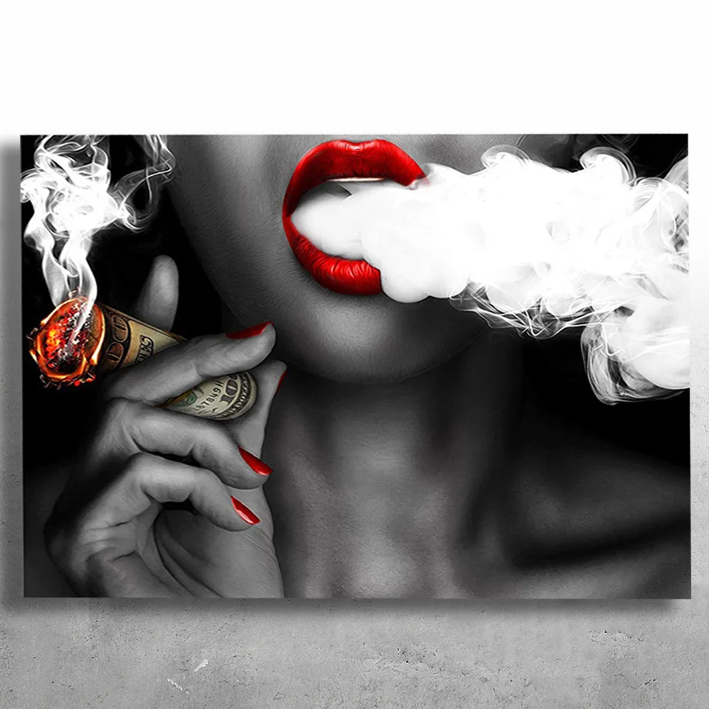 

Sexy Red Lips with Money Dollars Canvas Art Black and white girl smokes Paintings Printed Oil Paintings On Canvas Wall Art