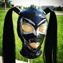 Латексный капюшон на молнии сзади с волосами, черная и красная латексная маска, маска на Хэллоуин, резиновая маска, костюмы, реквизит