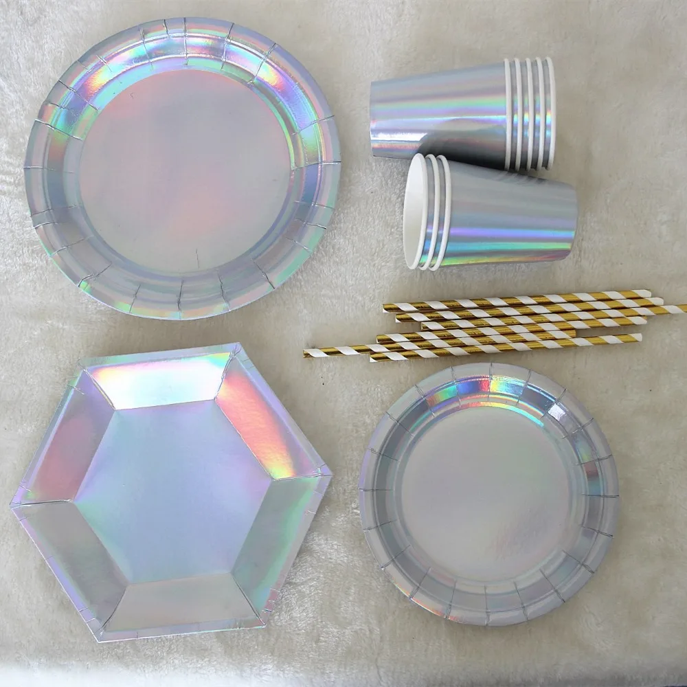 

Iridescent Paper Plate Cup Rainbow Gradient Disposable Tableware Sets For Wedding Baby Shower Birthday Party Supplies decoration