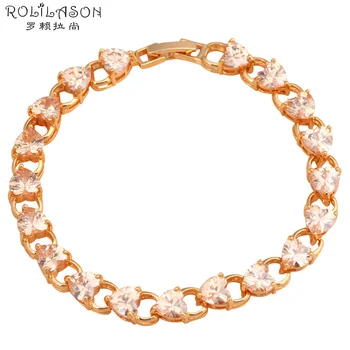 

ROLILASON tasteful design Heart shape Champagne crystal zircon golden Bracelets classic gift for women fashion jewelry TBS772