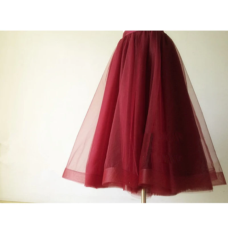 Faldas Mujer Burgundy Tea Length Tulle Skirts With Organza Edge Satin ...