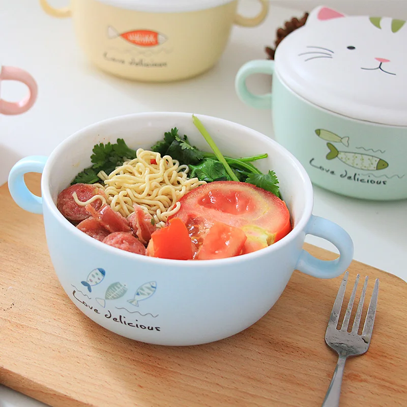 Cute ceramic lid foam noodle bowl soup bowl japanese style bowl with