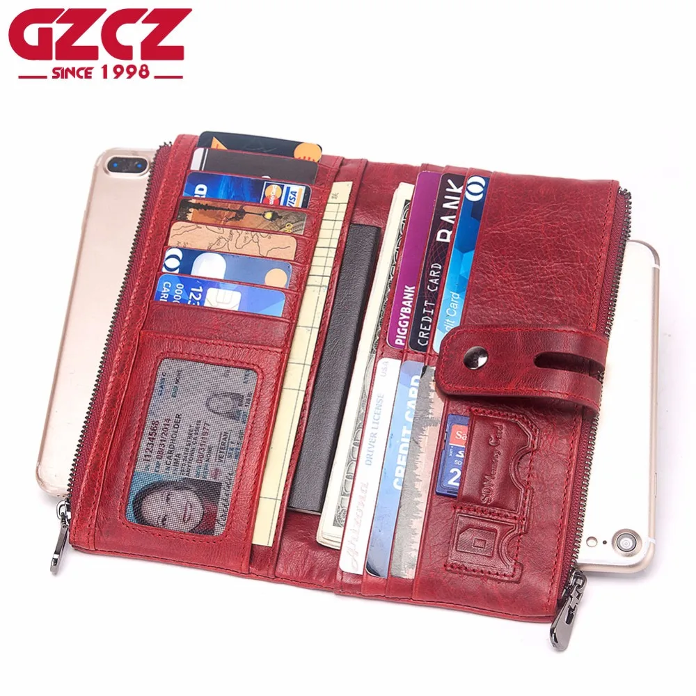 

GZCZ New 2018 Wallet Female Genuine Leather Wallet Clamp For Money Hasp Long Wallet Cell Phone Pocket Women'S Purses Money Bag