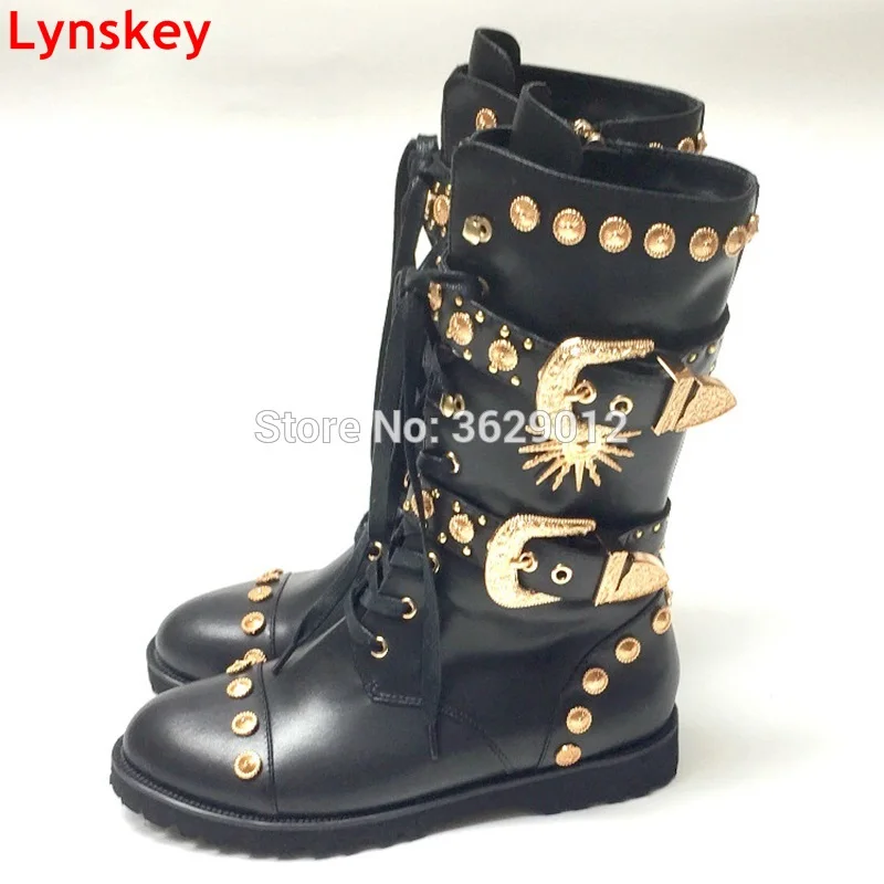 

Gold Rivet Ankle Boots Metal Buckle Women Spring Autumn Lace Up Shoes Sexy Studded Ladies Motorcycle Boots
