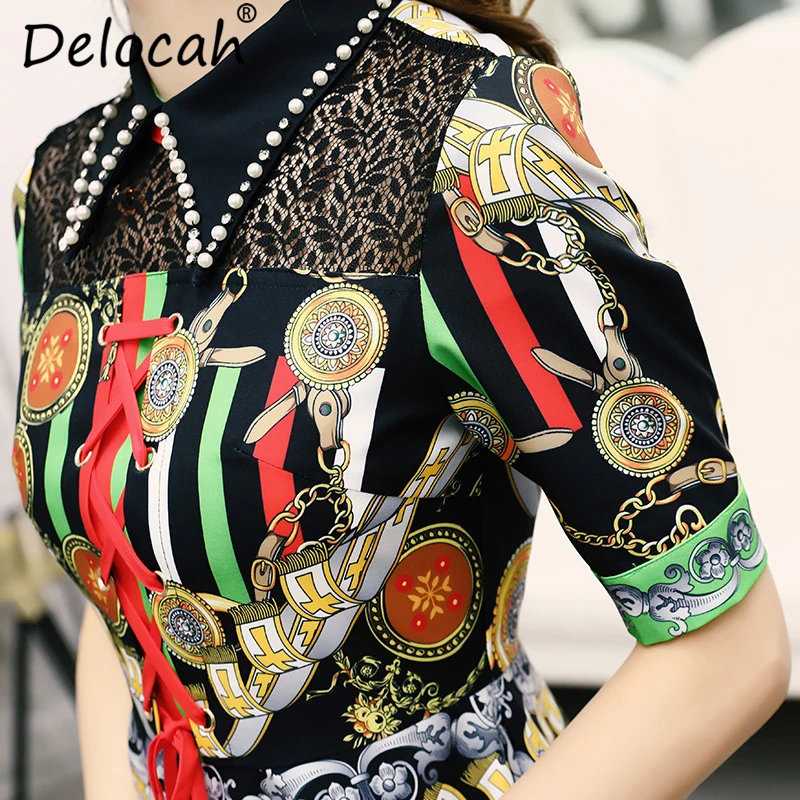 Delocah New 2019 Women Spring Summer Dress Runway Fashion Designer Beading Bow Tie Hollow Out Elegant Vintage Vacation Dresses