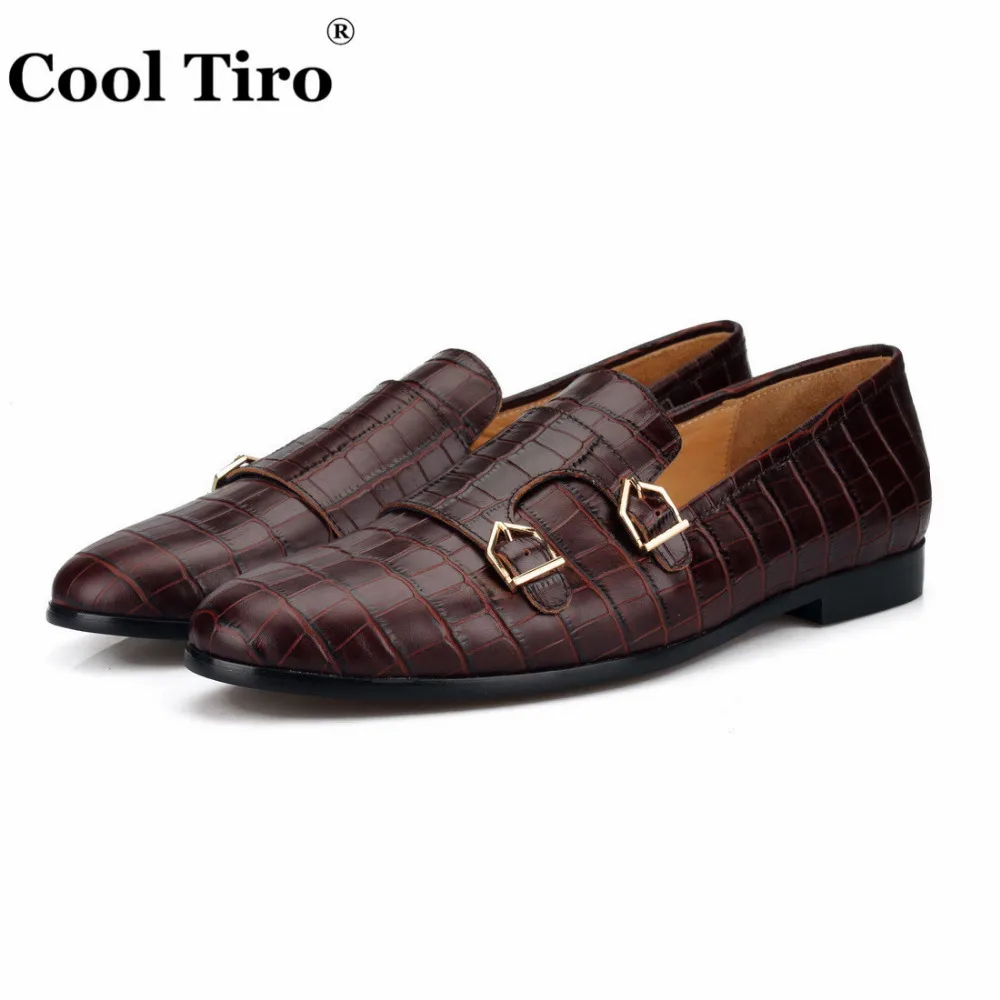 Cool Tiro/коричневый двойной Monk Loafers Для мужчин тапочки мокасины крокодиловый принт Повседневная обувь Свадебная вечеринка Туфли под платье человек Туфли без каблуков