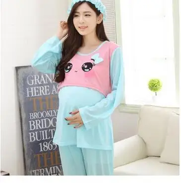 Летняя одежда для сна для беременных с длинными рукавами; домашняя одежда; одежда для кормления; костюм - Цвет: Небесно-голубой