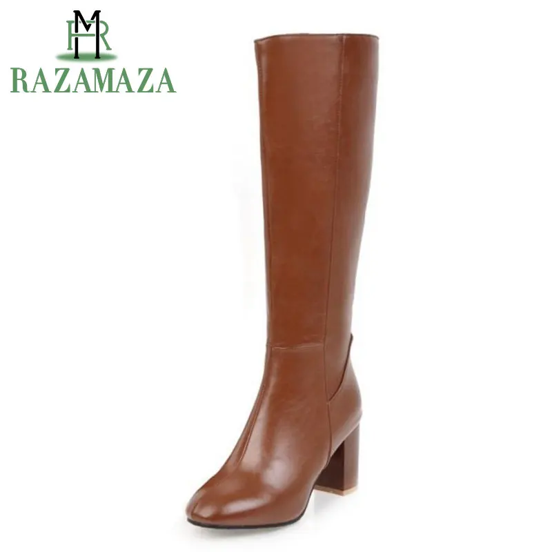 

ZALAVOR Size 32-45 Women Knee Boots Zipper High Heel Boots Warm Shoes Women Thick Heels Boots For Office Ladies Women Footwears